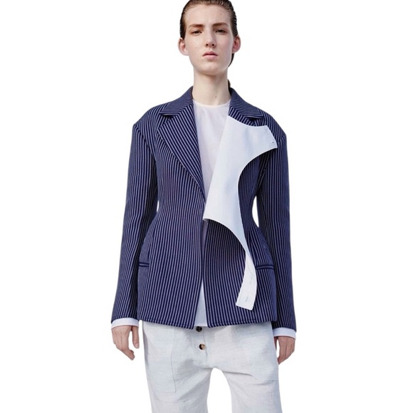 CÉLINE BLUE PINSTRIPED WOOL & COTTON HOURGLASS JACKET SIZE 36 PHOEBE PHILO - Picture 1 of 9